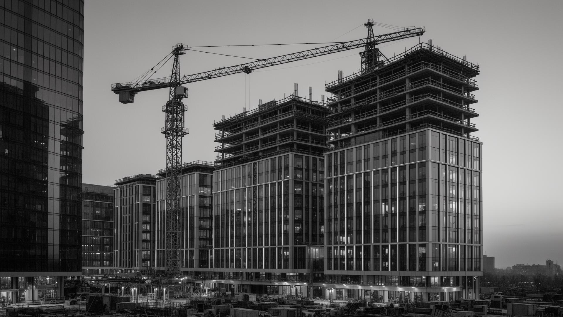Modern large-scale commercial construction development with tower crane at dusk